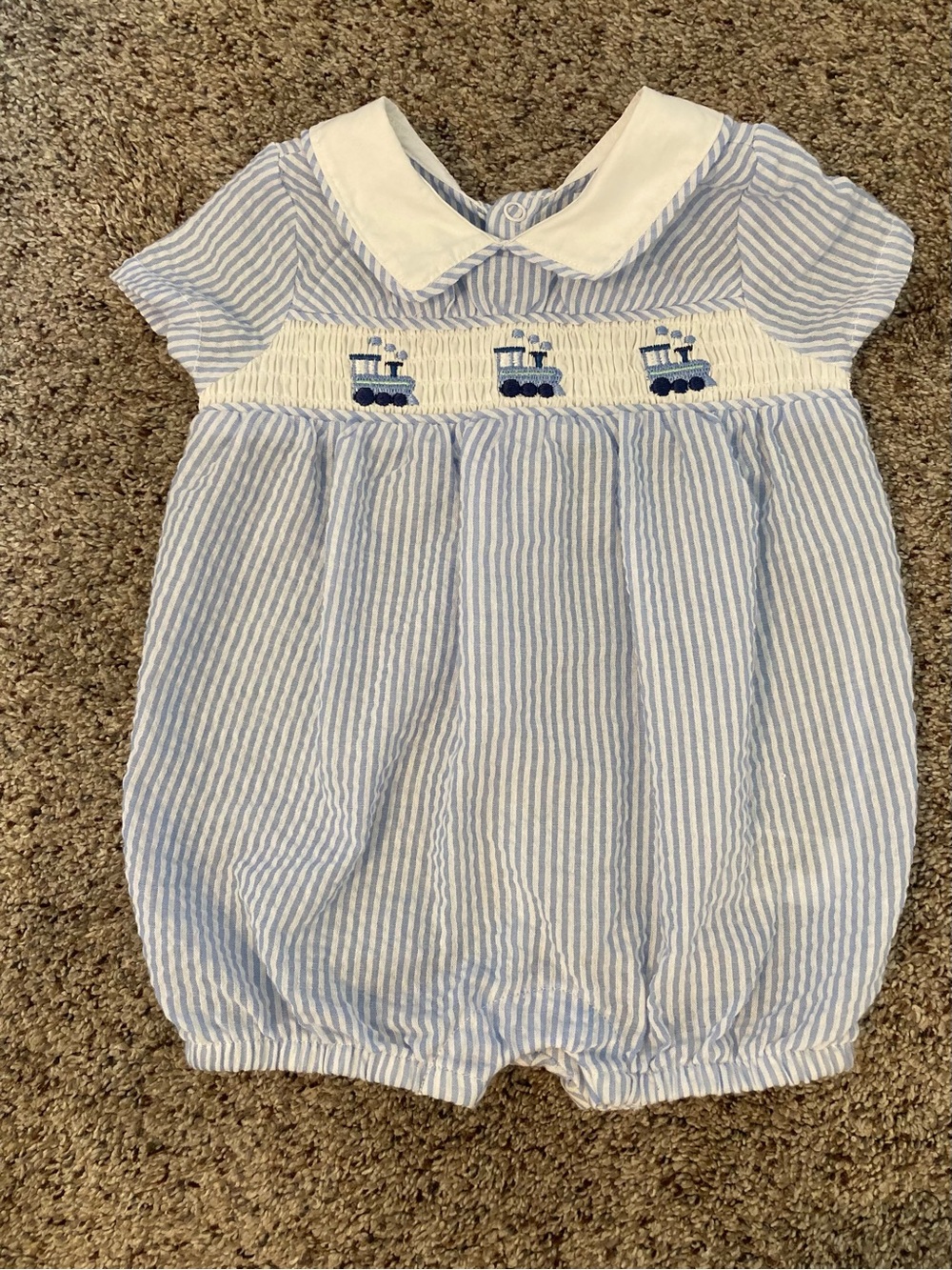crown & ivy Blue and White Seersucker Train Romper